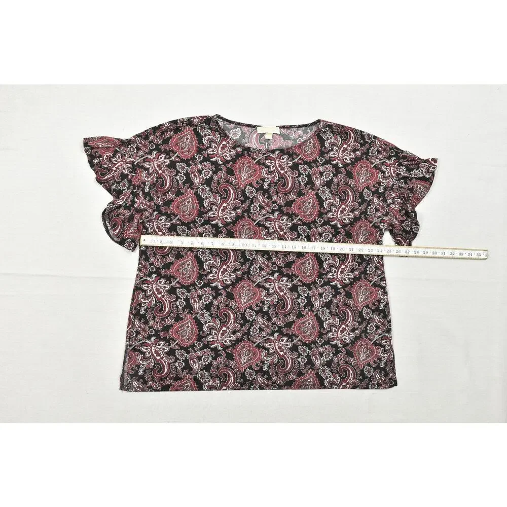 Michael Kors Women's 2X Top Black Red White Paisley Flutter Sleeve Stretch Blous